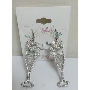Sparkly Rhinestone Champagne Glass Earrings – Pearl & Crystal Dangle Statement